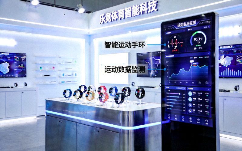 乐竟体育智能科技展区展示智能运动手环与运动数据监测大屏