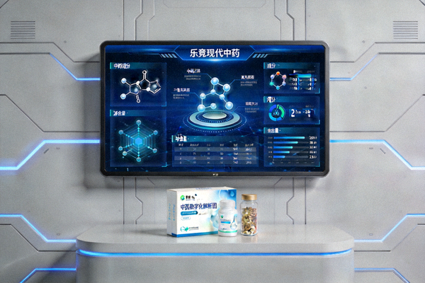 乐竟现代中药产品展示，电子屏幕上显示中药成分数字化解析图谱